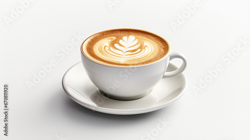 Latte coffe with white background and warm light for product presentation in front view. Created using generative AI.