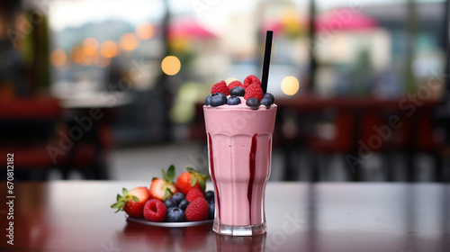 Front view Mixberry smoothie on the table and cafe background with sunny rays for advertise. Created using generative AI.