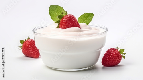 Front view Strawberry yogurt with clear white background and spotlight for product presentation. Created using generative AI.
