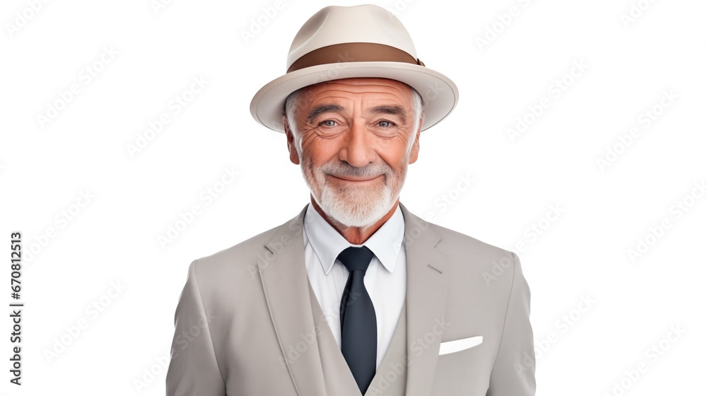 Smiling senior man wearing hat and business suit isolated on white background. Smiling senior man wearing hat and business suit isolated on white background.