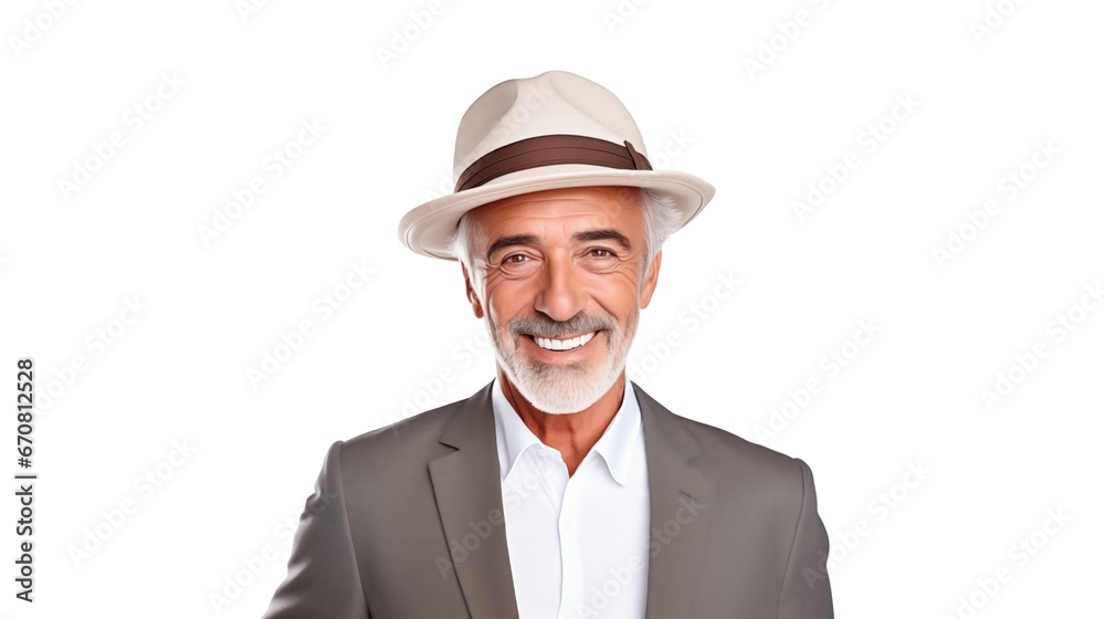 Smiling senior man wearing hat and business suit isolated on white background. Smiling senior man wearing hat and business suit isolated on white background.