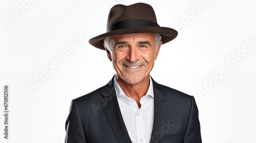 Smiling senior man wearing hat and business suit isolated on white background.