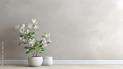 plain wall interior with plant or flower in pot on the edge of the wall