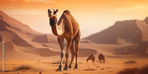 camel is walking in desert, generative AI photo