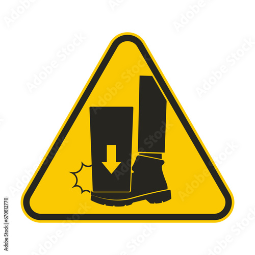Triangle yellow sign black pictogram icon of feet injury risk, pinched foot, use safety shoes