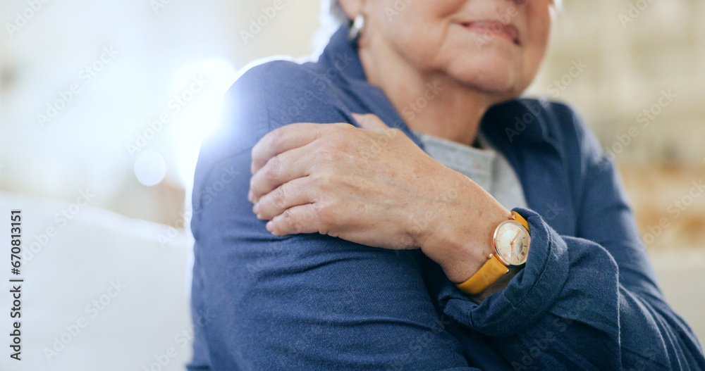 Closeup, shoulder pain and old woman with injury, accident and emergency with muscle tension, lens flare and strain. Pensioner, elderly lady or pensioner with stress, bruise and broker with arthritis - obrazy, fototapety, plakaty 