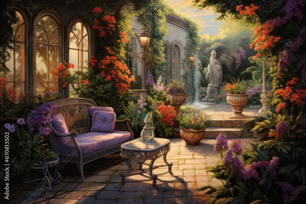 Fototapeta premium Fantasy garden with chair and vase of flowers. 3D rendering, luxurious garden painting with elegant outdoor furniture, AI Generated