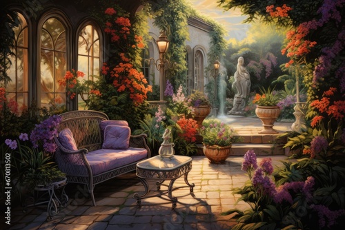 Fantasy garden with chair and vase of flowers. 3D rendering  luxurious garden painting with elegant outdoor furniture  AI Generated