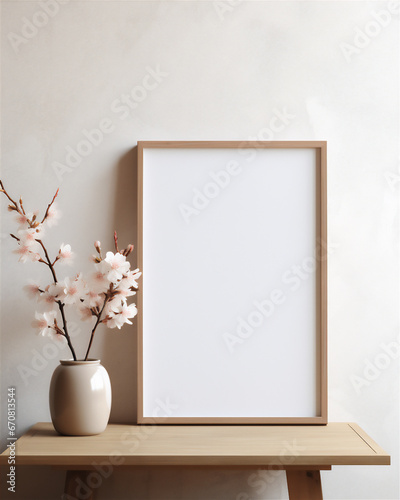 plain wall interior with empty photo frame mounted on the wall, tulip flowers in pot on the floor