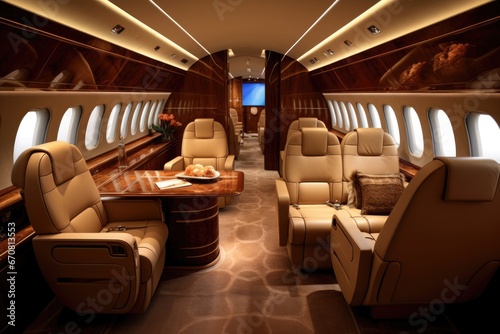 Interior of a private jet with seats and armchairs. 3d rendering, luxurious private jet interior exuding elegance and comfort, AI Generated