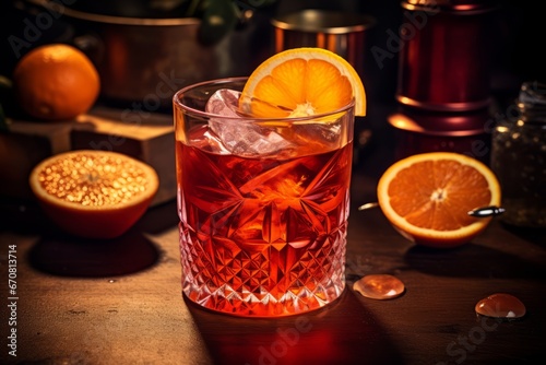 An enticing Negroni cocktail served with fresh orange slices and set against a rustic backdrop