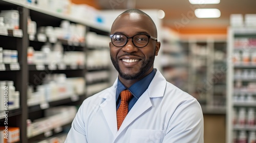Handsome young male caucasian druggist pharmacist in white medical coat smiling and looking at camera in pharmacy drugstore 