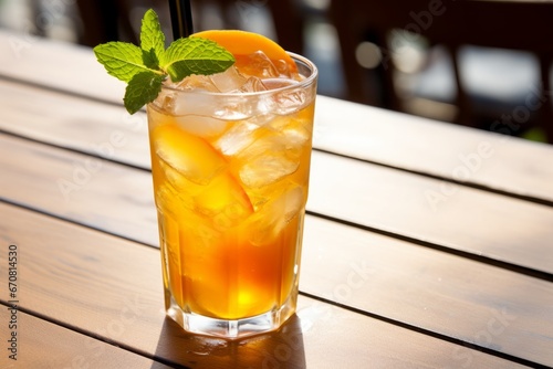 A detailed close-up showcasing the vibrant colors of ginger peach iced tea in a frosty glass