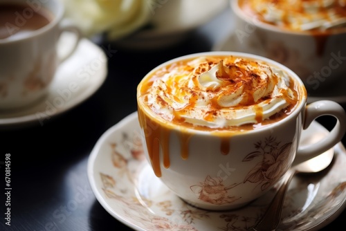 Detailed View of a Gourmet Creme Brulee Latte with a Generous Topping of Whipped Cream and Caramel