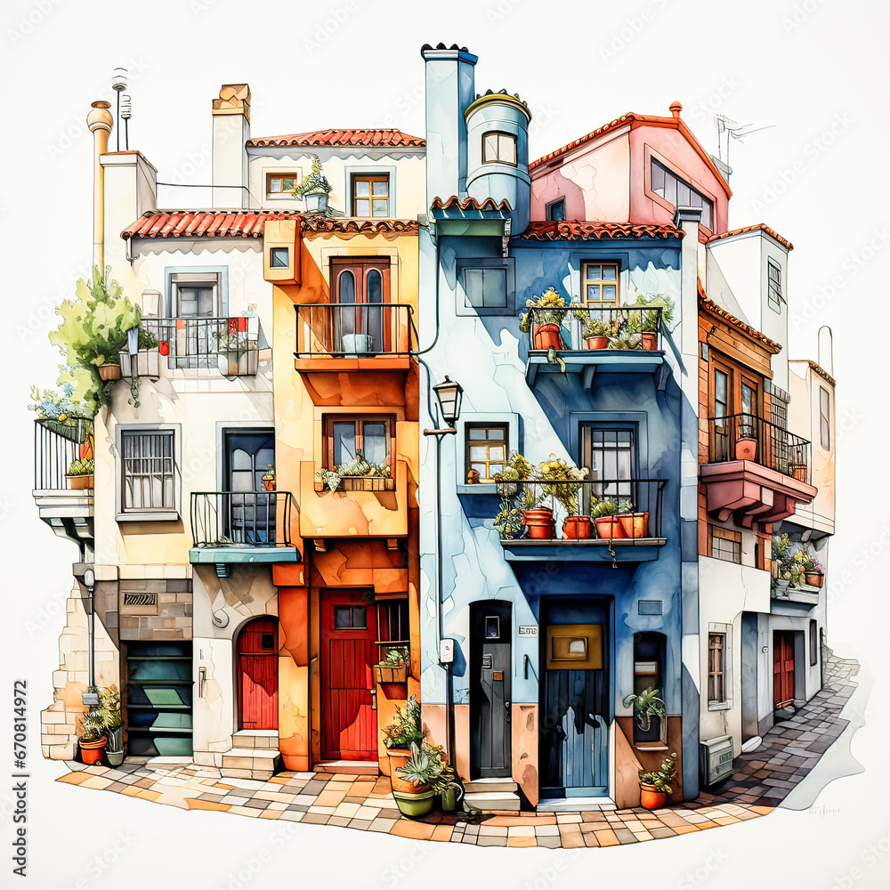 Watercolor artwork showcases a street with Spanish style houses and multi colored interior design