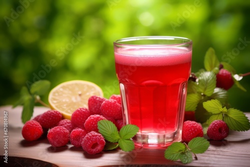 A Vibrant Image of a Glass of Freshly Squeezed Raspberry and Apple Juice with Whole Fruits in the Backdrop