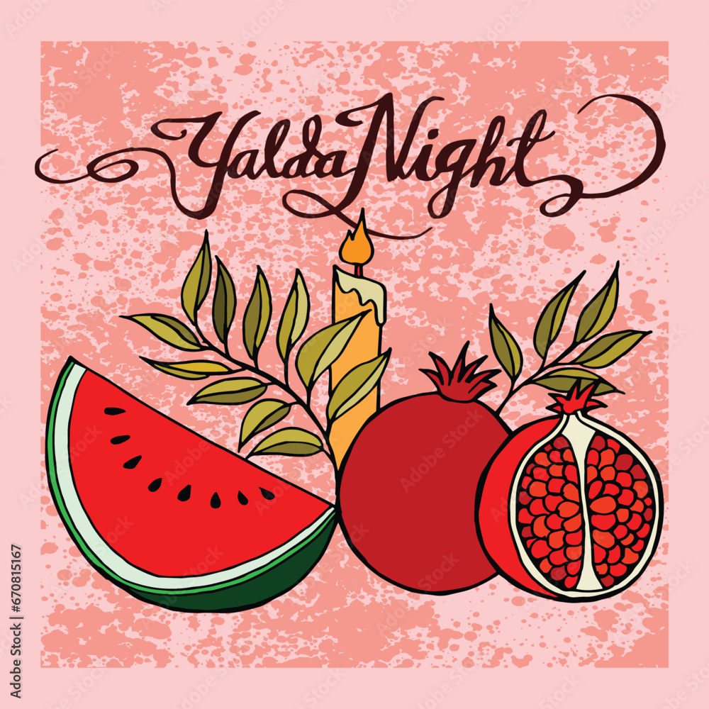 Fototapeta premium Happy yalda night hand drawn illustration vector, isolated background