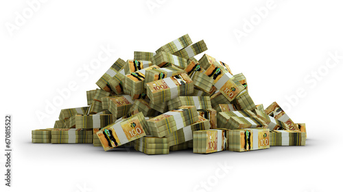 Big pile of bundles of 100 Canadian dollar notes isolated on transparent background. 3d rendering of stacks of cash, stacks, notes photo