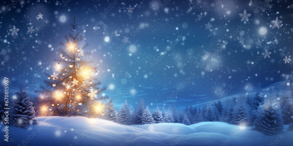 Beautiful christmas card with big christmas tree with lights and presents in snow, night christmas background