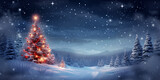 Beautiful christmas card with big christmas tree and presents in snow, night christmas background