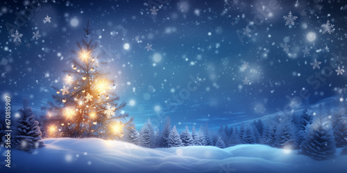 Beautiful christmas card with big christmas tree with lights and presents in snow, night christmas background © 123dartist