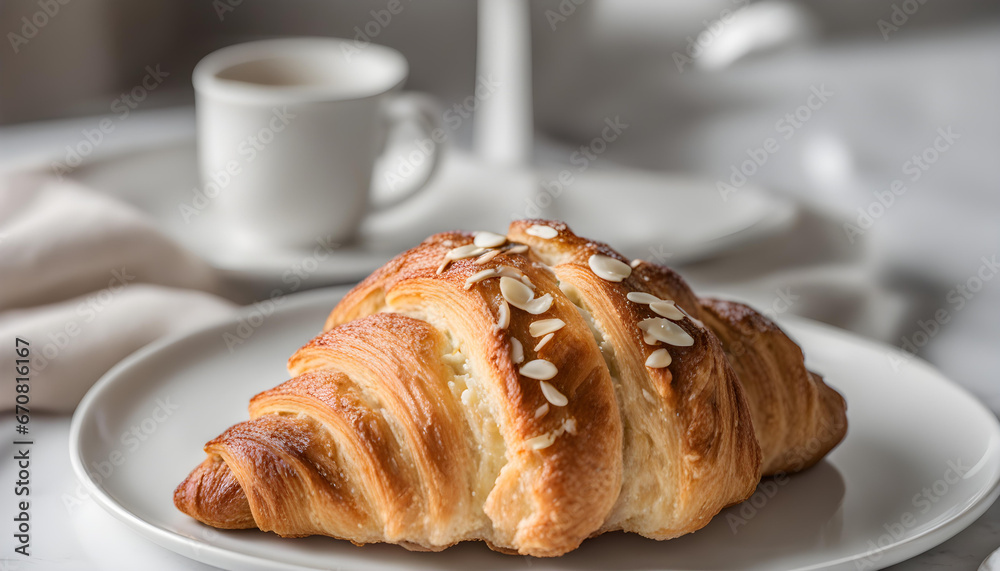 fresh croissant with almond topping served on a white plate. fresh croissant with almond topping served on a white plate.