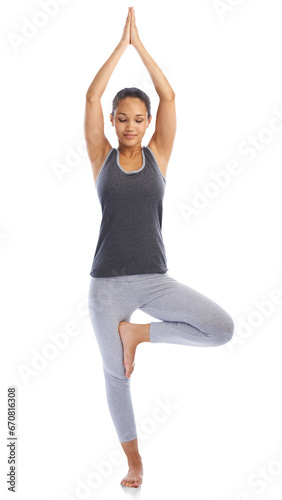 Konstfotografi Happy woman, relax and yoga in meditation for zen workout isolated on a transparent PNG background