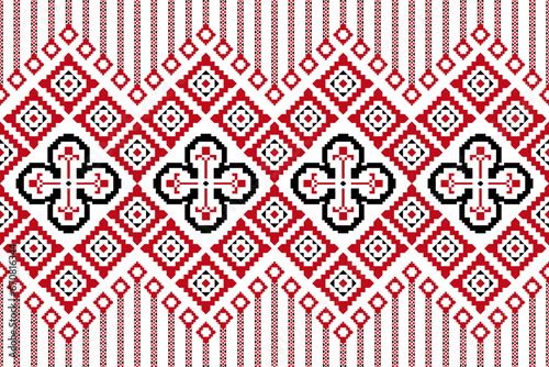 Red Ikat ethnic textile seamless pattern design, tribal boho traditional embroidery on a vector background, and Aztec fabric carpet with mandala ornaments, all rich in cultural and artistic heritage.