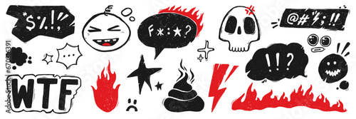 Set of hand drawn dialogue box with swear word, evil emoji, star and fire. Speech bubbles icon for stickers. Pencil drawn doodle style vector illustration. photo