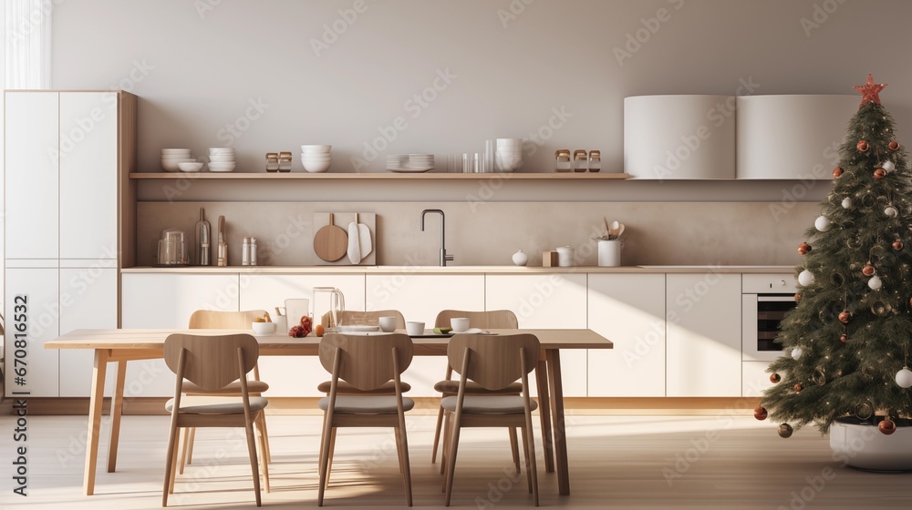 photograph of a modern kitchen with white and natural wood furniture in minimalist design with christmas decoration