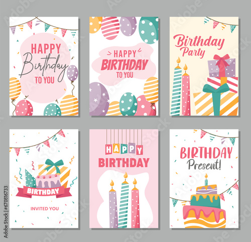 icon set A collection of beautiful happy birthday card designs with the concept of cake, candles, balloons and gifts on a colorful background.