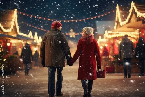 Mature Older Man and Woman Holding Hands and Walking Trough a Festival Holiday Town Decorated for Christmas
