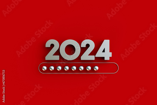 New Year 2024 numbers with loading new year 2023 to 2024 on red background.Loading bar almost complete with idea being processed,start straight concept.3d rendering