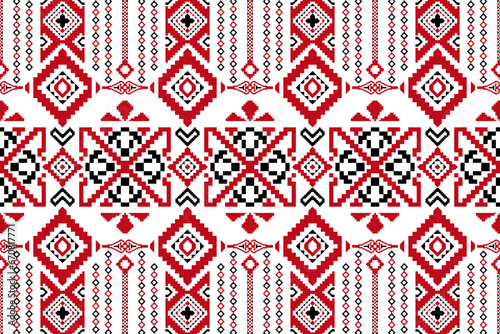 Red Ikat ethnic textile seamless pattern design, tribal boho traditional embroidery on a vector background, and Aztec fabric carpet with mandala ornaments, all rich in cultural and artistic heritage.