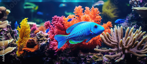 close view of a beautiful fish in the water with lots of coral