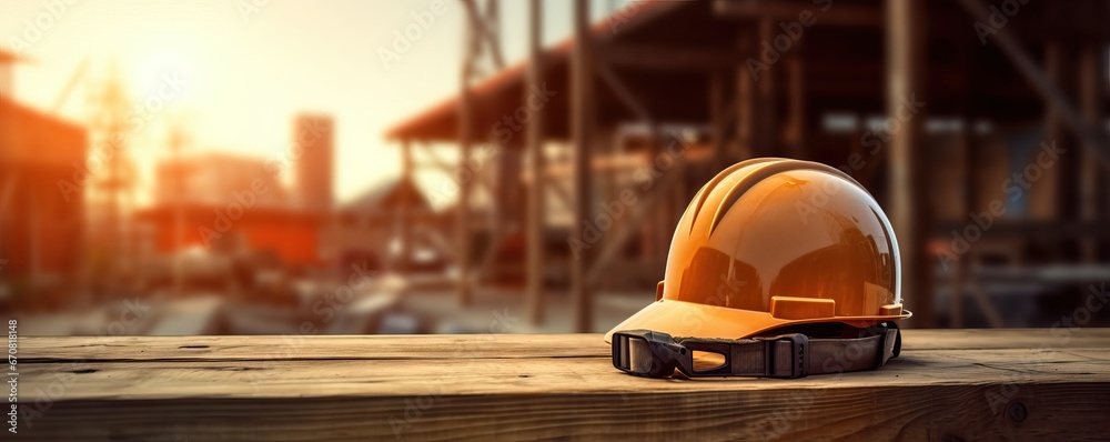 The importance of safety gear for construction workers and the presence of a helmet at a construction site - obrazy, fototapety, plakaty 