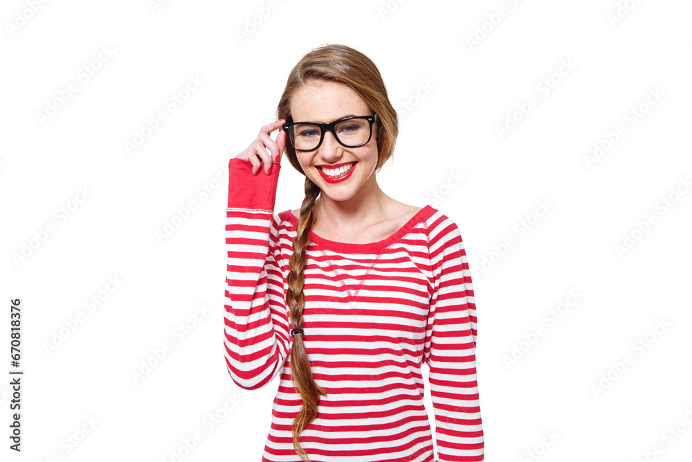 Beauty, glasses and smile with portrait of woman on png for nerd, education and youth. Happy, fashion and style with face of student isolated on transparent background for confidence and hipster Beauty, glasses and smile with portrait of woman on png for nerd, education and youth. Happy, fashion and style with face of student isolated on transparent background for confidence and hipster