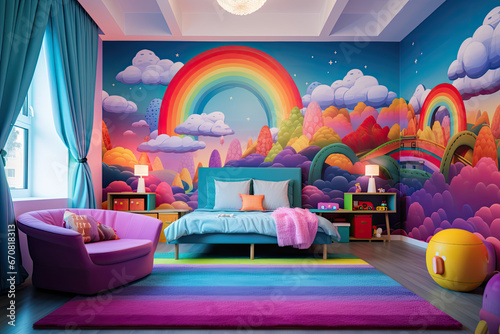 a rainbowthemed kid's bedroom, with colored cartoon style