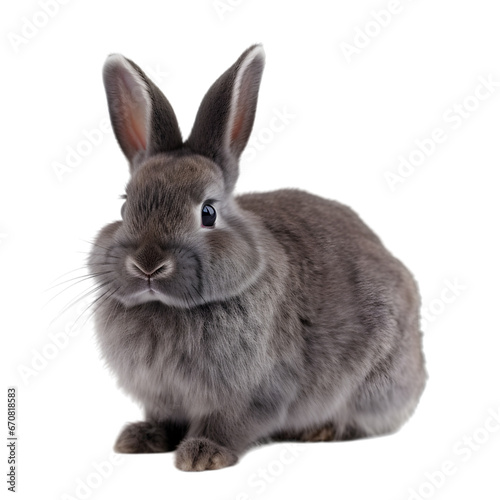 front view of cute gray netherland dwarf rabbit with sitting position, isolated on transparent background, looking at the camera. 