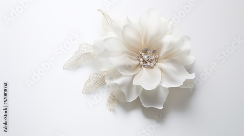 A white flower hair clip on a white background. The flower is made of fabric and has a pearl and rhinestone center. The petals are layered and have a slight sheen to them. The clip is attached to a