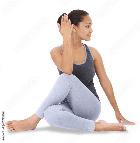 Woman, profile and yoga for zen workout, exercise or training isolated on a transparent PNG background. Female person or yogi in matsyendrasana pose for healthy body, spiritual wellness or awareness photo