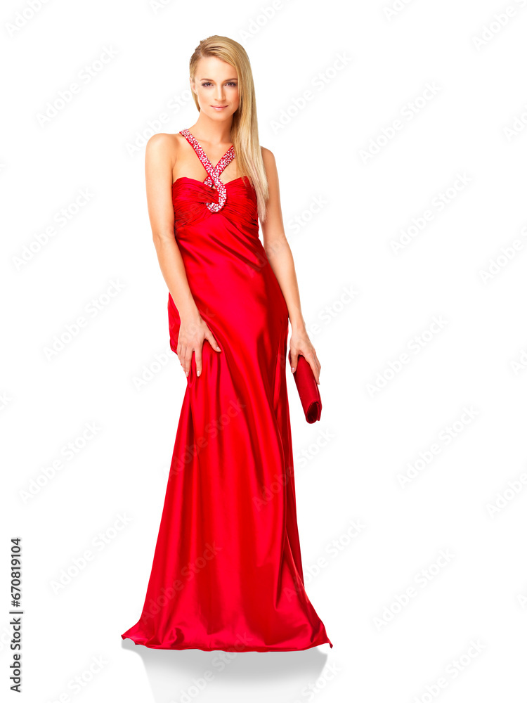 Portrait, woman and red evening dress for party, fancy style or formal celebration isolated on transparent png background. Fashion, female model and luxury silk clothes with bag for classy prom event