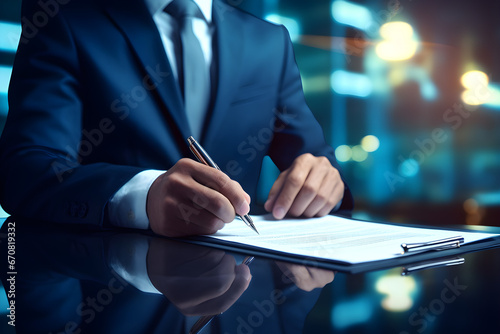 The phrase restructured, A businessman holding a pen and a business briefcase with a company policy document, legal terms and services, agreements, processes to follow, and corporate rules or guidance photo