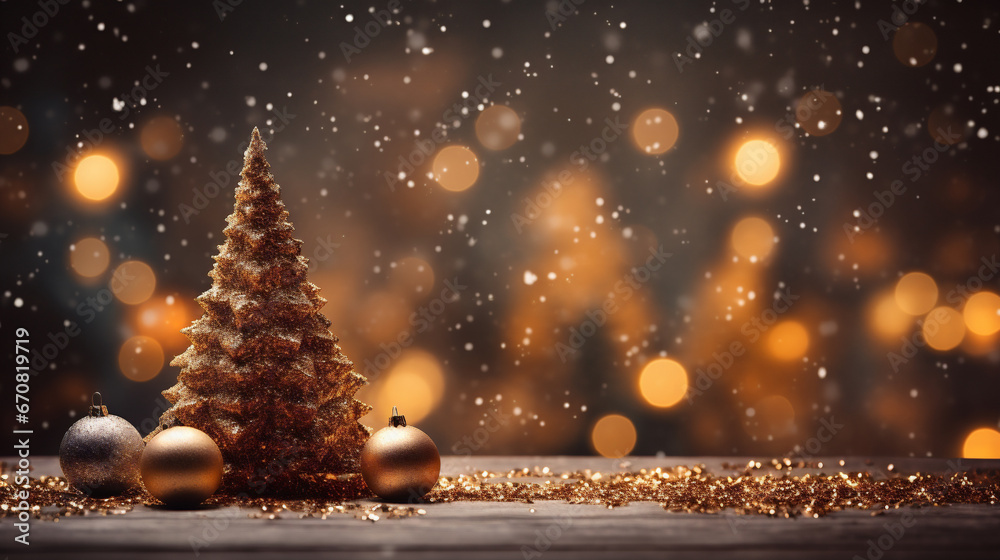 Christmas tree with golden baubles and snowflakes on bokeh background