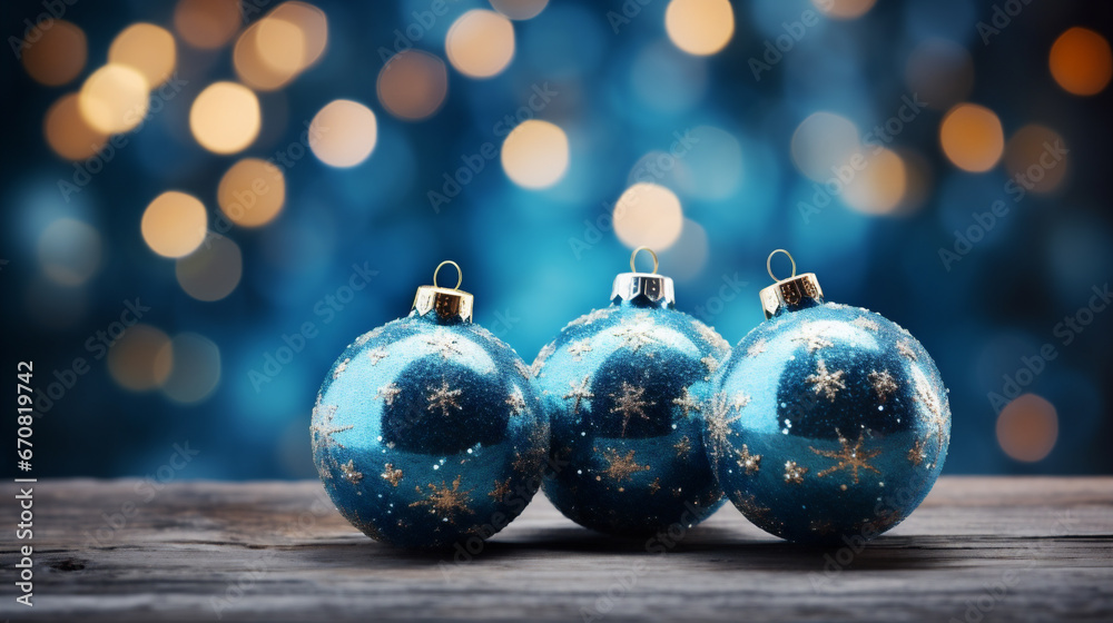 Obraz premium Blue christmas balls on wooden table with bokeh lights background