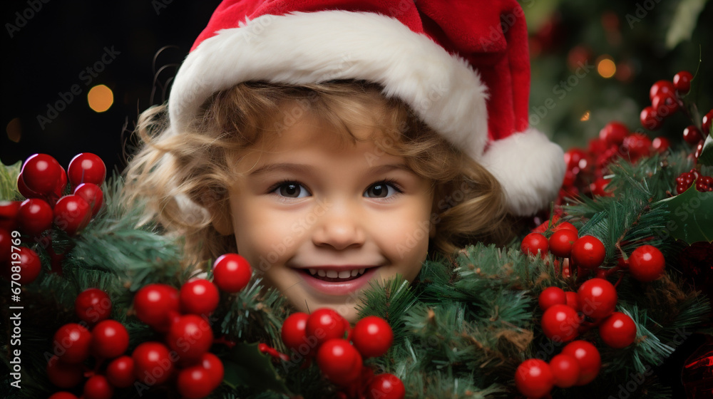 Portrait of a cute little boy in Santa Claus hat over Christmas background Portrait of a cute little boy in Santa Claus hat over Christmas background