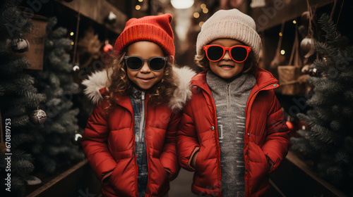 Stylish children wearing white Christmas - winter outfits - sunglasses - fashion - holiday - cool - meticulously posed - whimsical joy - holiday spirit - boundless energy