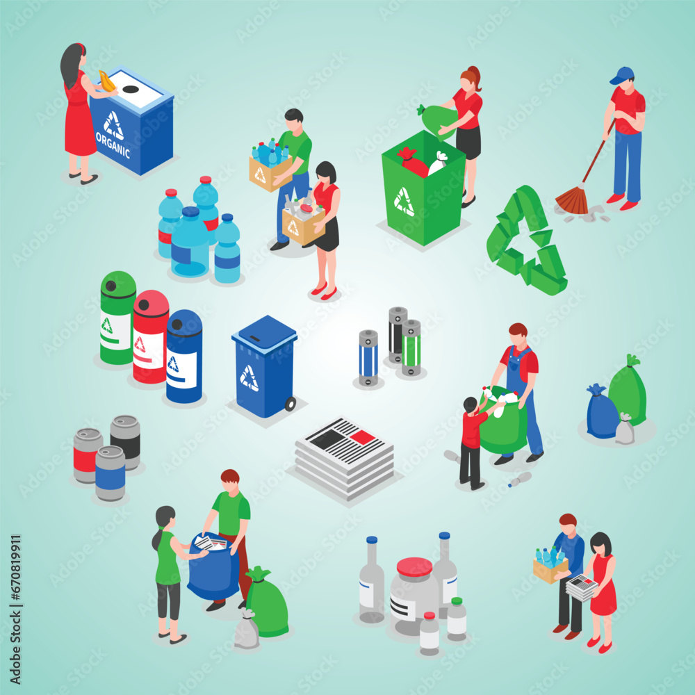 garbage recycling isometric concept facility set 3d - obrazy, fototapety, plakaty 