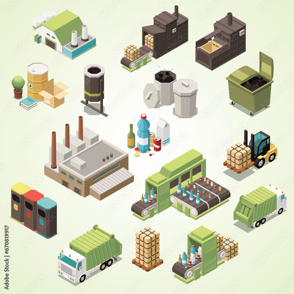 isolated isometric garbage recycling icon set with separate recycle bag waste baskets different factory illustration 3d