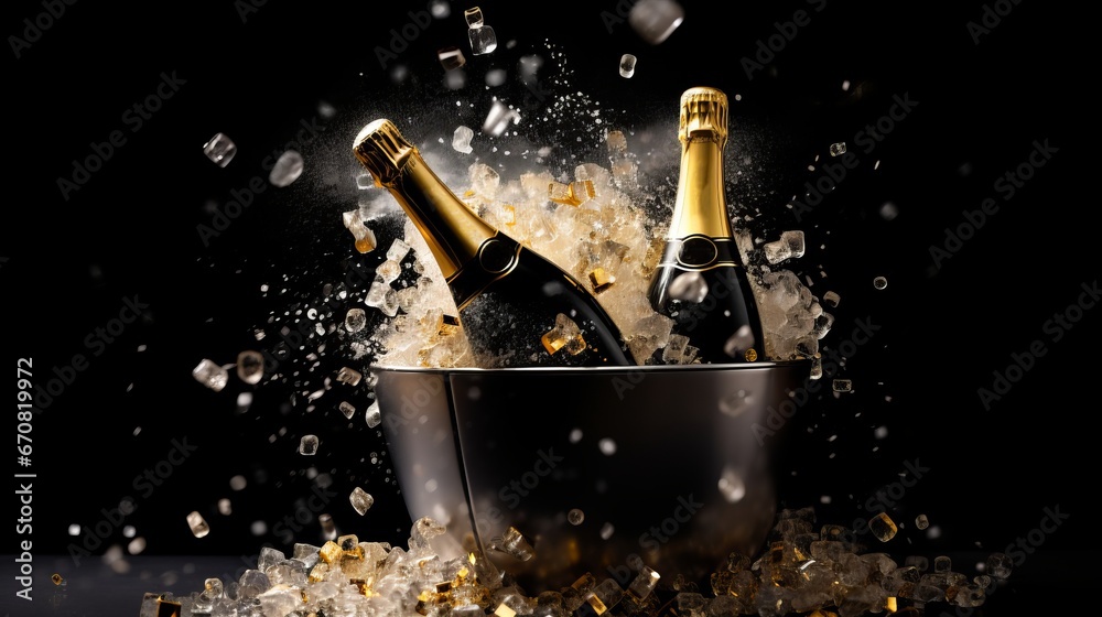 custom made wallpaper toronto digitalA dynamic photo of two champagne bottles in an ice bucket with flying ice cubes black background.